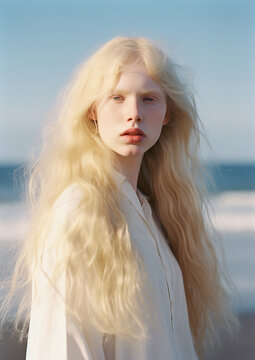 AI Generative. Albino girl at the beach, Generative AI