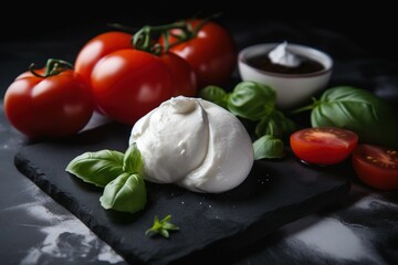  tomatoes, basil, and mozzarella on a slate board.  generative ai