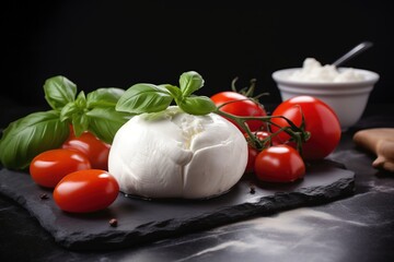  tomatoes, mozzarella, basil, and garlic on a slate board.  generative ai