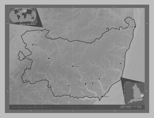 Suffolk, England - Great Britain. Grayscale. Labelled points of cities