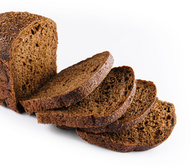 Cut loaf of rye bread isolated on white
