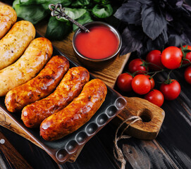 Grilled sausages and vegetables close up
