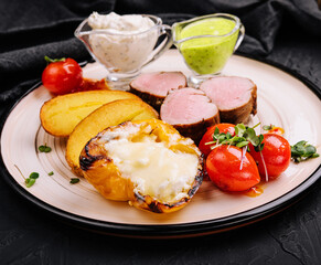 turkey tenderloin with potatoes and roasted peppers