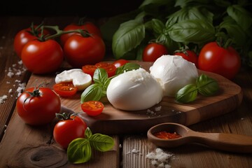  a cutting board with tomatoes, mozzarella and basil.  generative ai