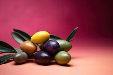  a group of colorful eggs sitting on top of a green leaf.  generative ai