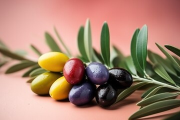  a bunch of olives with leaves on a pink background.  generative ai