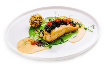 fried salmon with red and black caviar