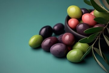  a bunch of olives sitting in a bowl on a table.  generative ai