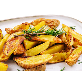 Fried potatoes with rosemary on plate