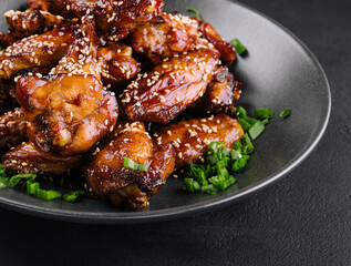 Delicious chicken wings with special marinade and sesame - obrazy, fototapety, plakaty