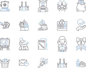 Creative leisure outline icons collection. Crafting, Painting, Reading, Sewing, Singing, Collecting, Writing vector and illustration concept set. Drawing, Knitting, Baking linear signs