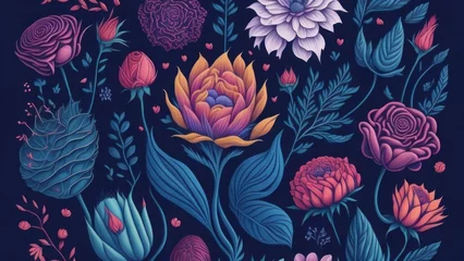 Zelfklevend Fotobehang Floral seamless pattern with flowers, leaves and berries generative ai © Gilang