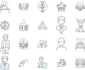 Fototapeta premium Business and administration outline icons collection. Accounting, Management, Organisation, Administration, Planning, Communication, Customer vector and illustration concept set. Policy, Market