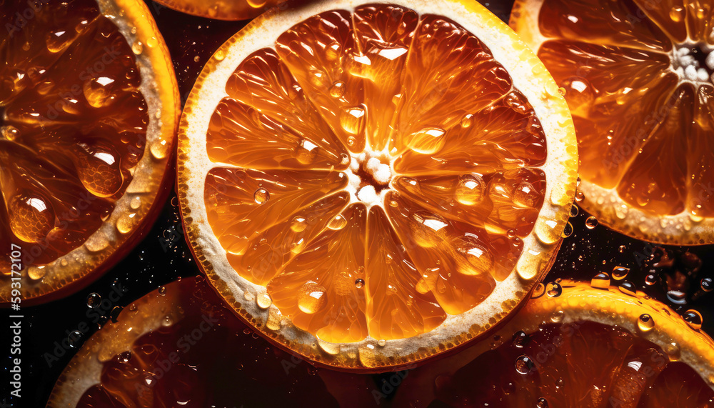 Poster close up of clean cut oranges with water drop in dark black background. fresh fruit and vegetable co - Posters