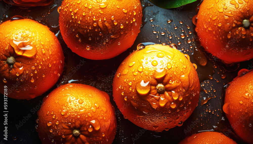 Wall mural close up of clean oranges with water drop in dark black background. fresh fruit and vegetable concep - Wall murals