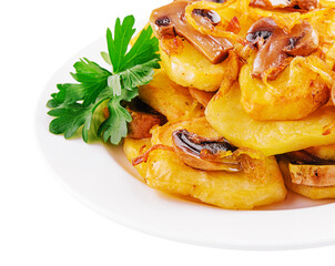 Fried potatoes with fried mushrooms and onions