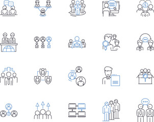 Meeting agenda outline icons collection. Agenda, Meeting, Attendees, Topics, Goals, Time, Minutes vector and illustration concept set. Discussion, Plan, Decisions linear signs