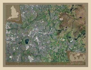 Tameside, England - Great Britain. High-res satellite. Labelled points of cities