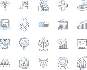 Strategy and brainstorming outline icons collection. Strategy, Brainstorming, Planning, Analyzing, Conceptualizing, Ideating, Thinking vector and illustration concept set. Innovating, Assessing