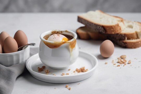  a cup of coffee with an egg in it next to some bread.  generative ai