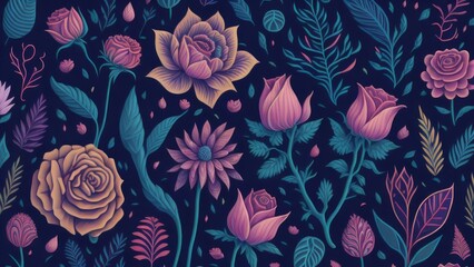 Seamless floral pattern with flowers and leaves 14 generative ai