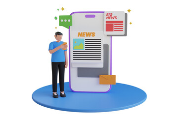 3d reading news on smartphone. 3D Smartphone with news app. newsletter or News update. Hot News webpage. 3D Illustration