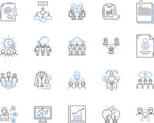 Management and office outline icons collection. Office, Management, Staff, Files, Documents, Administration, Clerical vector and illustration concept set. Supervision, Productivity, Computers linear