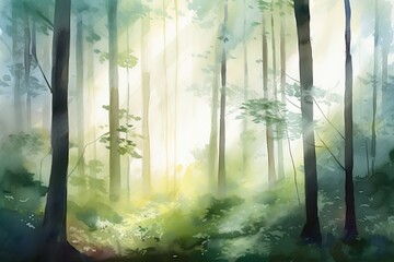  a painting of a forest filled with lots of green trees.  generative ai