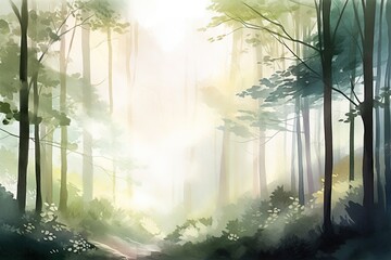  a painting of a forest scene with a path through the woods.  generative ai