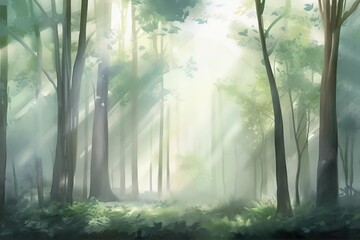  a painting of a forest filled with lots of green trees.  generative ai - obrazy, fototapety, plakaty
