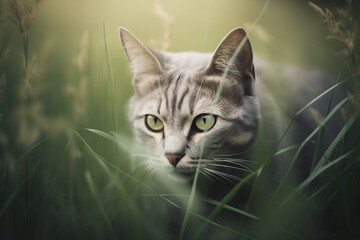Naklejka na ściany i meble a cat with green eyes walking through a field of tall grass. generative ai