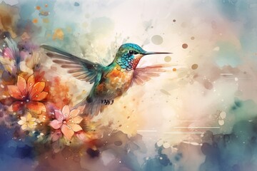  a painting of a hummingbird flying over a bunch of flowers.  generative ai