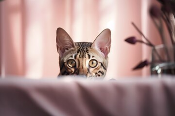  a cat looking over a table with a pink curtain behind it.  generative ai