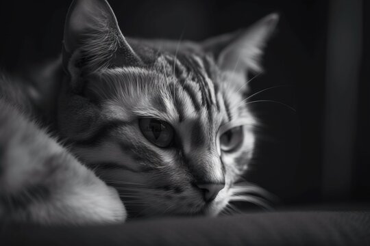  a black and white photo of a cat laying on a couch.  generative ai