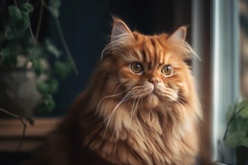 Naklejka na ściany i meble a fluffy cat sitting in front of a window looking out. generative ai