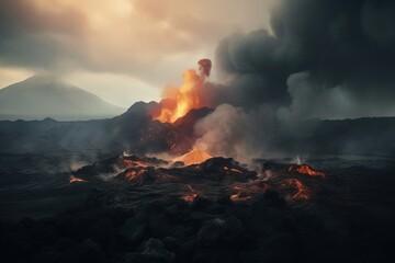  a volcano erupts lava as it erupts into the air.  generative ai