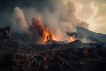  a volcano spewing out lava and steam in the sky.  generative ai