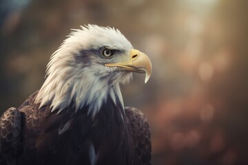  a bald eagle with a white head and yellow beak is standing in front of a blurry background.  generative ai