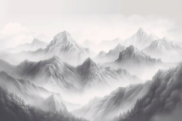 Fototapeta na wymiar a black and white photo of a mountain range with fog. generative ai
