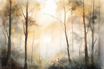 Obraz na płótnie Canvas a painting of a forest with trees and fog in the background. generative ai