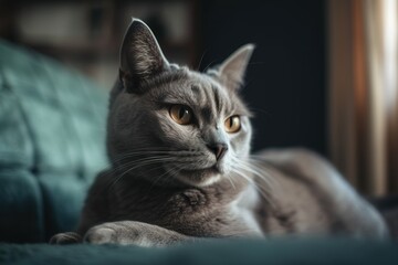  a gray cat laying on a couch looking at the camera.  generative ai