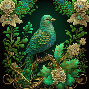 bird in the center, floral gold and green backrounds , AI generated