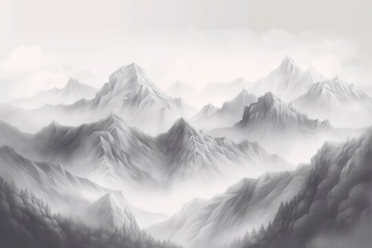  a black and white photo of a mountain range with fog.  generative ai