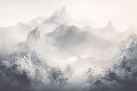  a black and white photo of a mountain range with trees.  generative ai