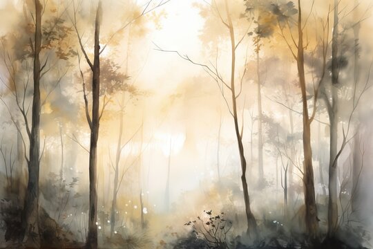  a painting of a forest with trees and fog in the background.  generative ai