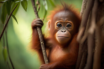 a cute baby orangutan is holding on to the tree in the jungle. Generative AI