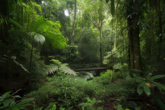 a wooden path through a green rainforest. Generative AI