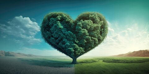 Blue sky and a green field with a heart shaped tree. nature's beauty. Background of the Valentine concept. Generative AI