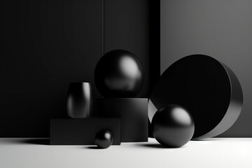  a black and white photo of a group of balls and shapes.  generative ai