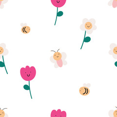 Seamless pattern with cute insects and flowers. For card, posters, banners, books, printing on the pack, clothes, fabric, wallpaper, textile or dishes.